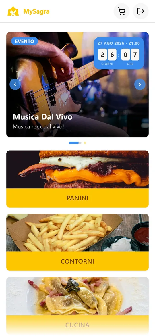 MyClienti smartphone menu with an event banner and illustrated food categories