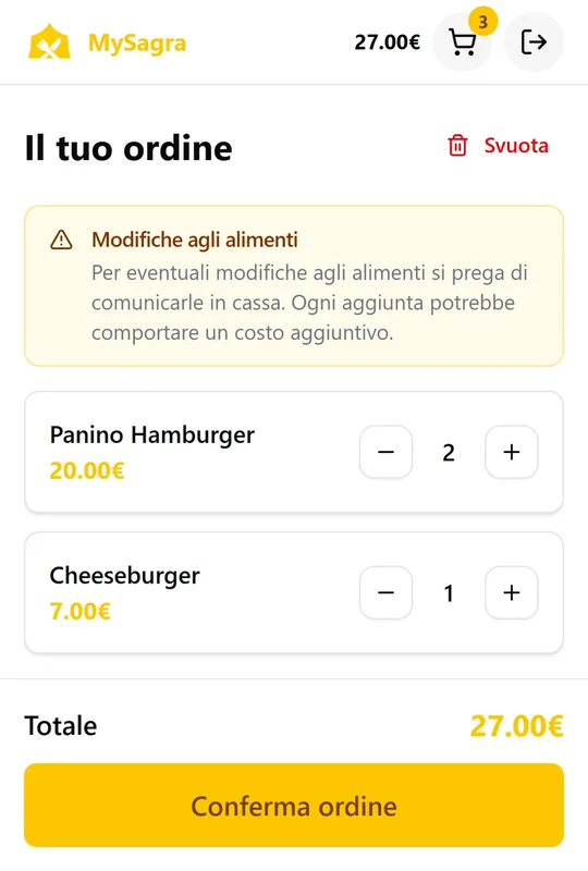 MyClienti cart with products, quantities, total and order confirmation button