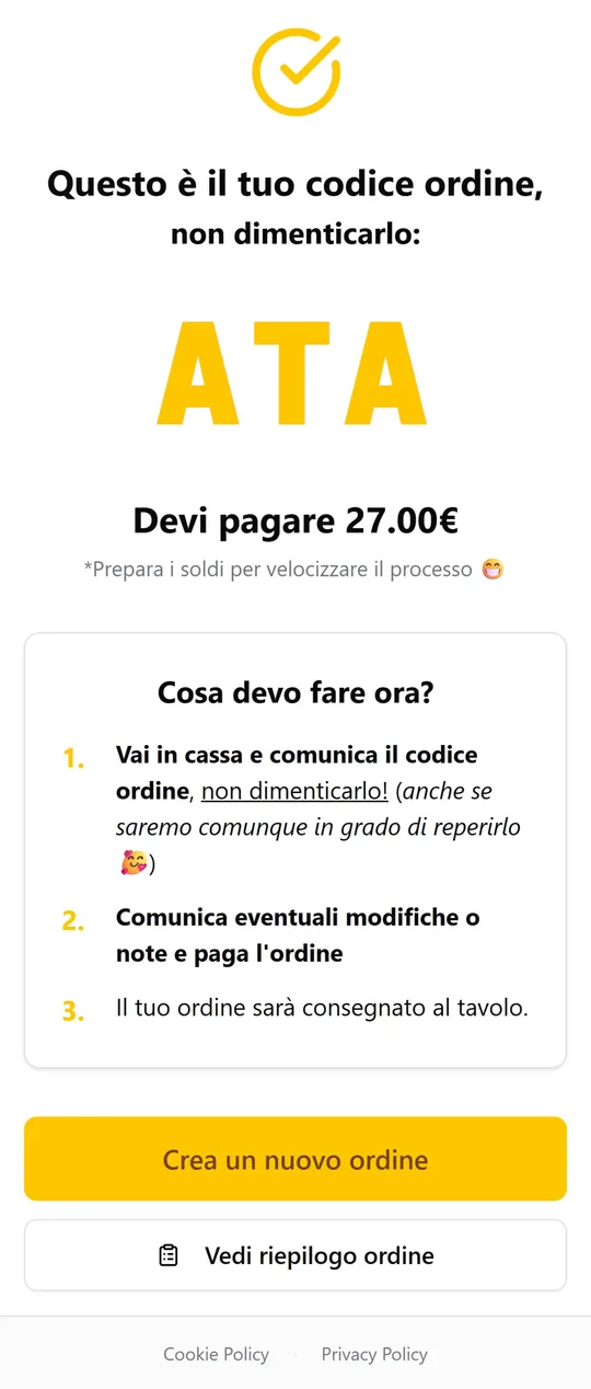 MyClienti confirmation with an order code and counter payment instructions