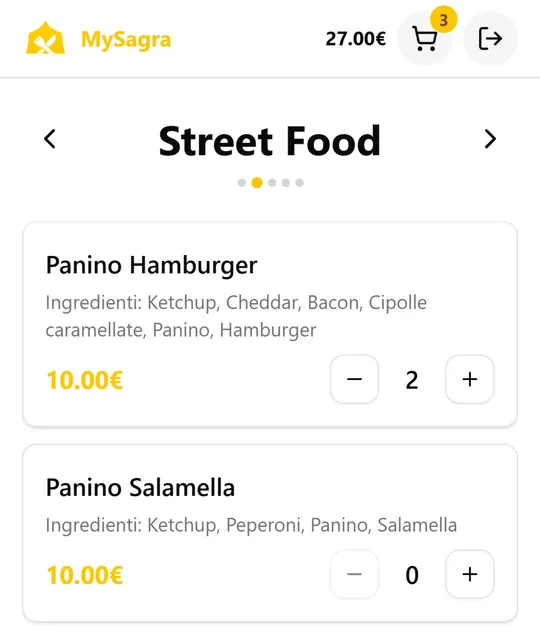 MyClienti street food menu with dishes and quantity controls